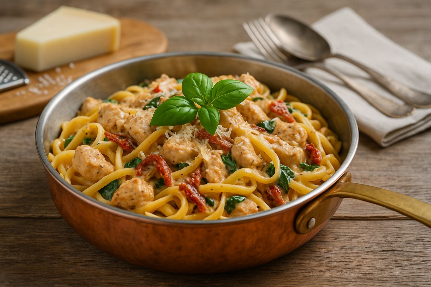 Krämig kycklingpasta med spenat och tomat