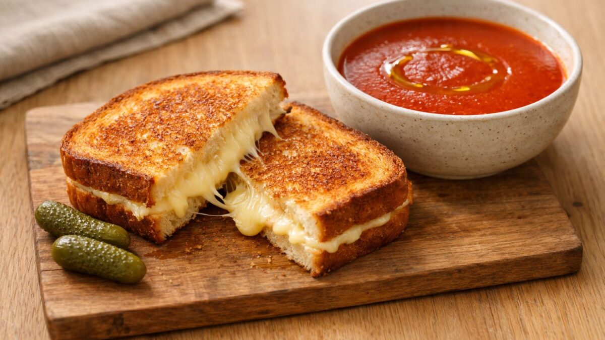 Grillad ostsmörgås med tomatsoppa
