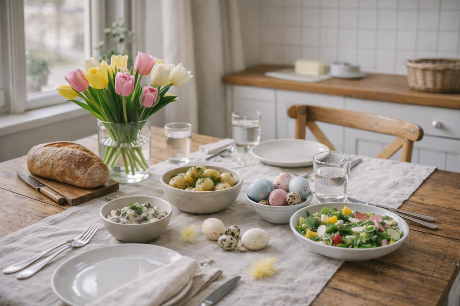 Påskbord med tulpaner och påskmat