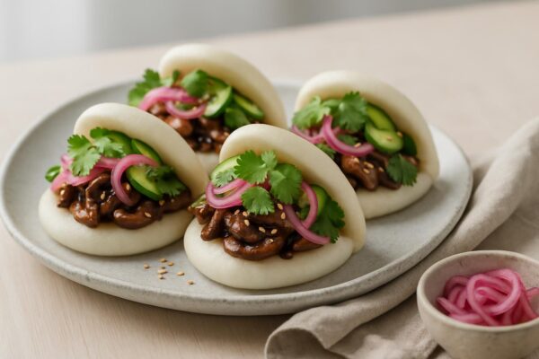 Bao buns med marinerad svamp och picklad rödlök