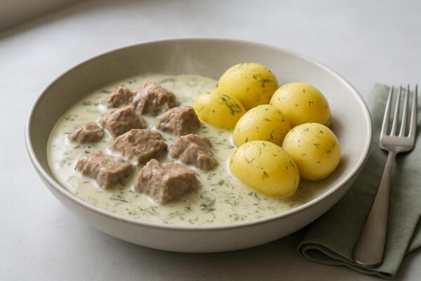 Dillkött i gräddig sås med kokt potatis
