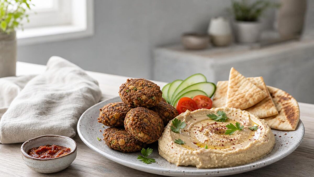 Falafel med hummus, en krispig, färgstark måltid som gör dagen glad