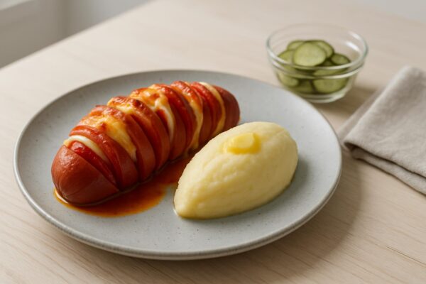 Falukorv i ugn med potatismos