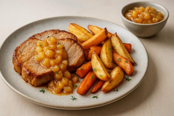 Fläskkarré med äppelchutney och rostade rotsaker