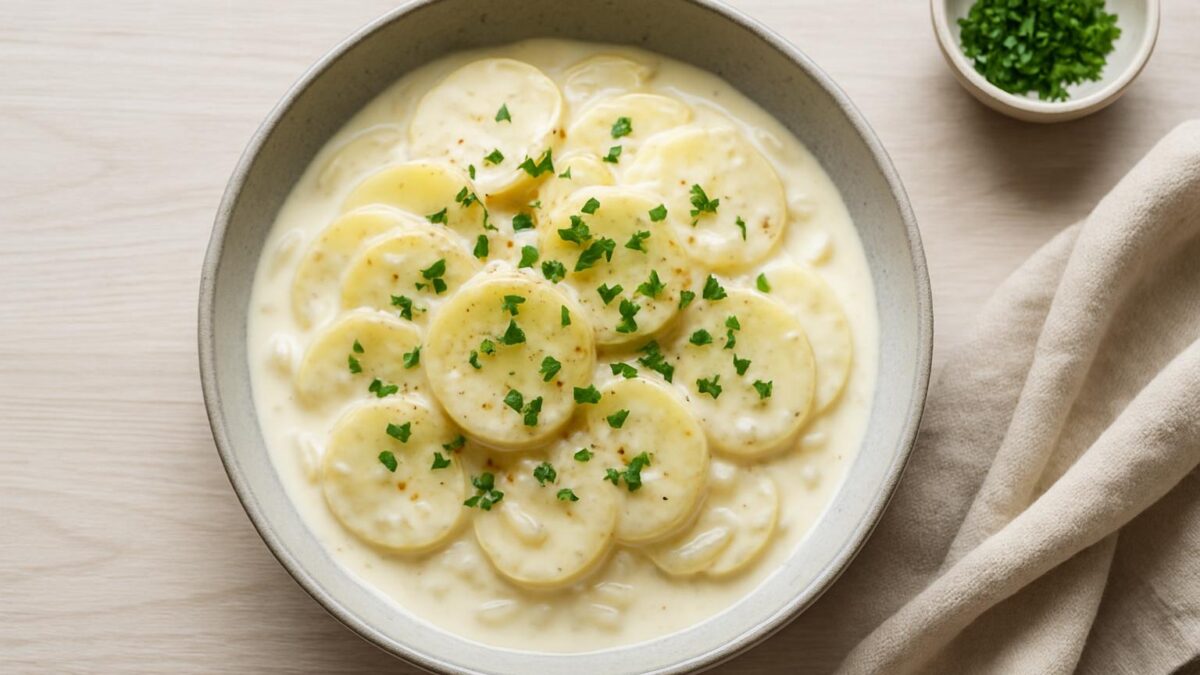 Gräddstuvad potatis – en krämig vardagslyx som värmer själen och hjärtat i varje tugga.