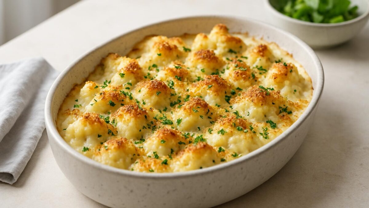 Gratinerad blomkål, en krämig, ostig rätt som känns lyxig och inbjudande.
