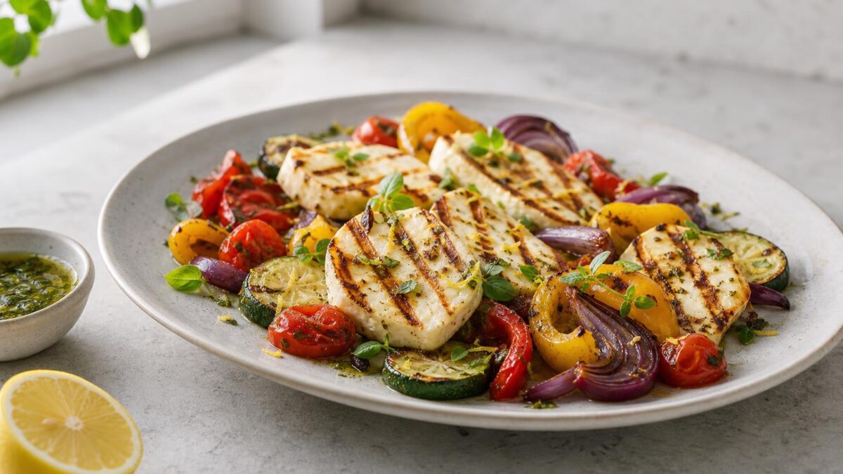 Grillad halloumi med grönsaker ger den perfekta lunchen för lata sommardagar.