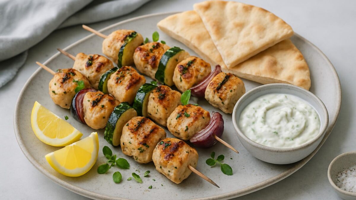 Grillspett med tzatziki för en somrig måltid som förenar vännerna.