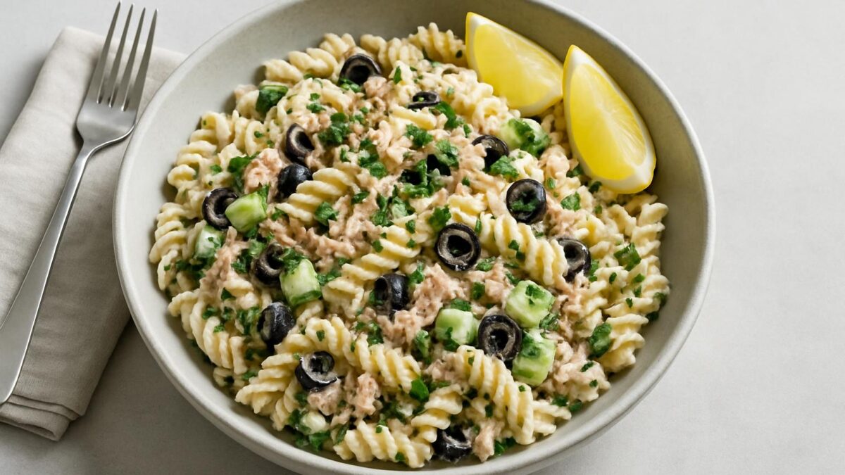 Kall pastasallad med tonfisk som en fräsch lunch för lata dagar.