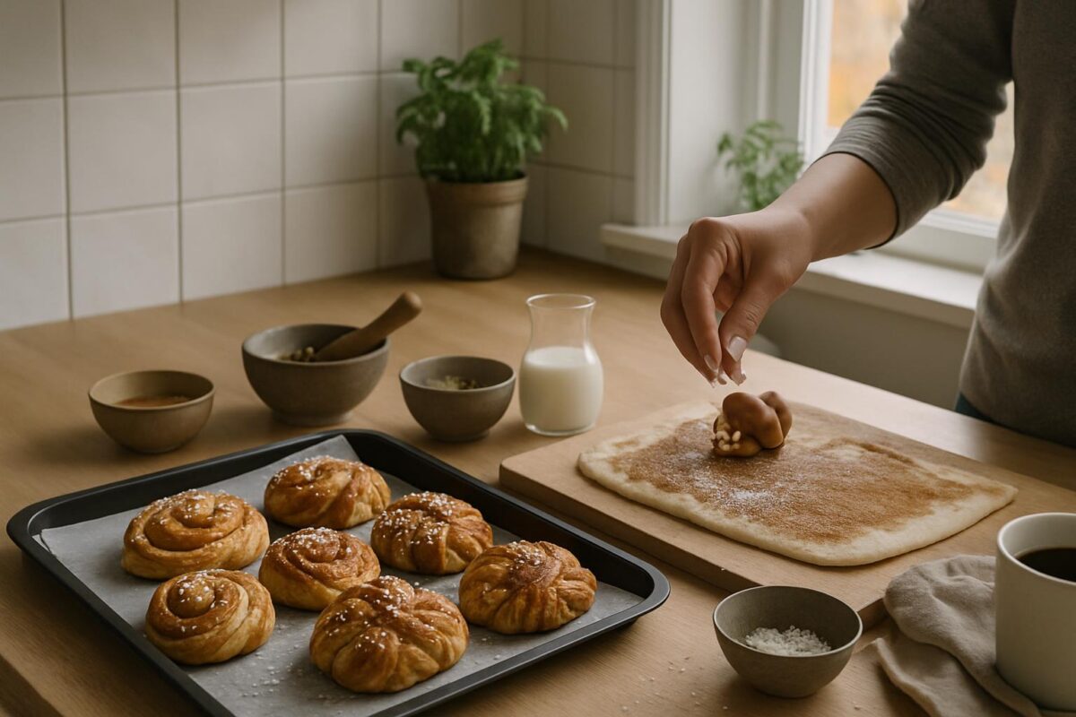 Kanelbullens dag i kök, hand strör pärlsocker över nybakade kanelbullar.