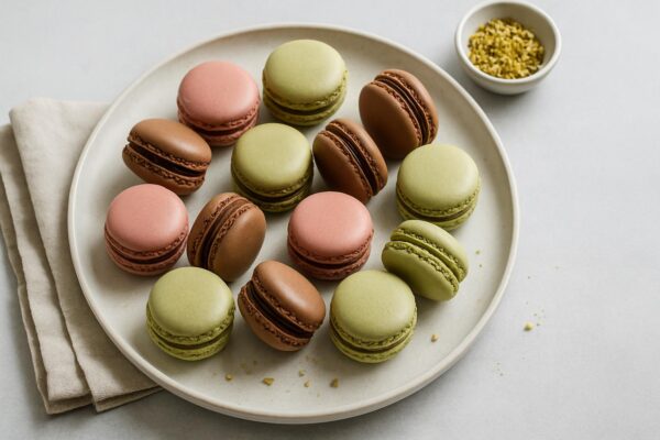 Klassiska macarons med hallon, choklad eller pistage