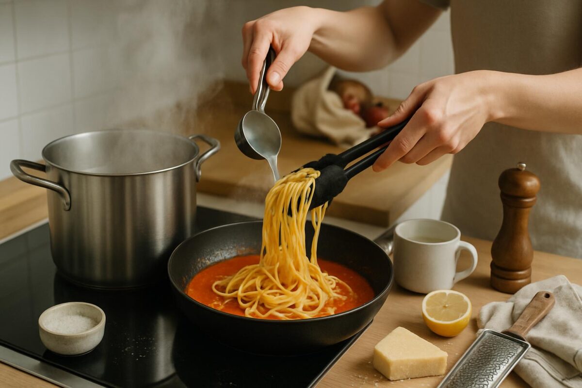 Händer flyttar al dente spaghetti till tomatsås med pastavatten, bättre såsfäste