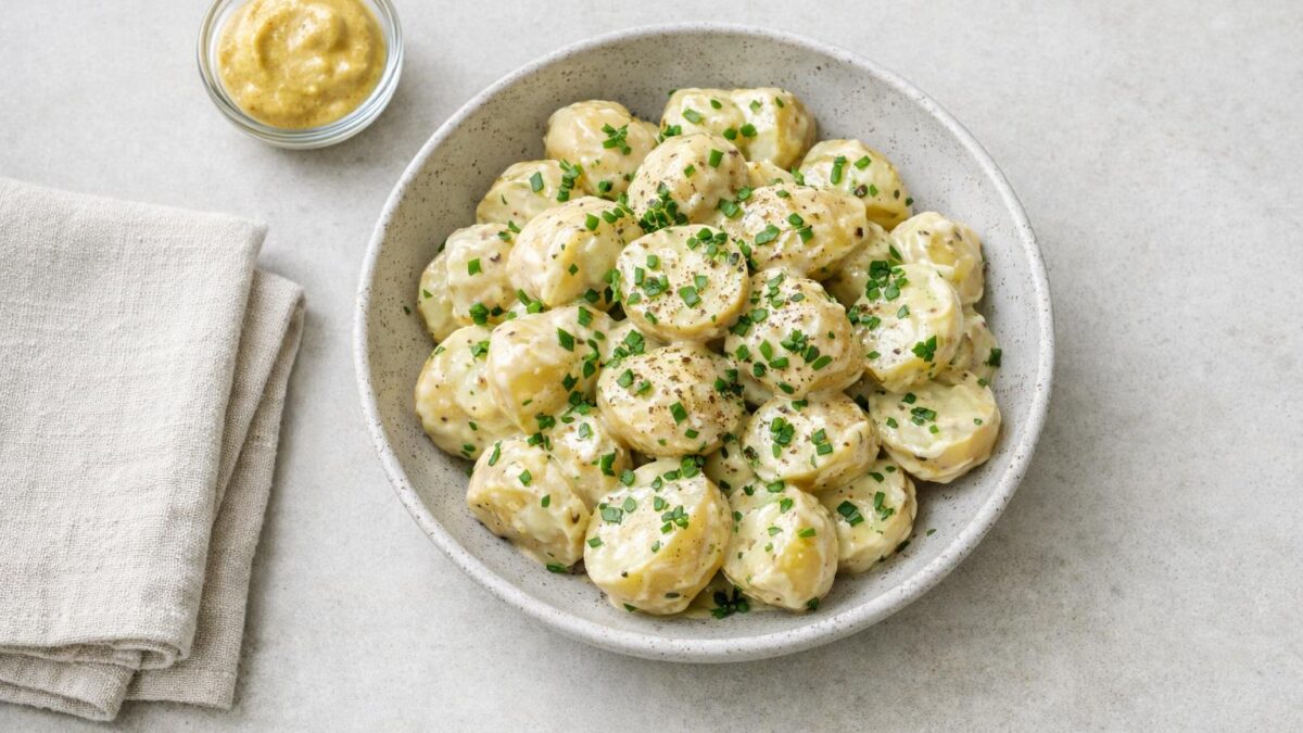 Krämig potatissallad med dijon och örter, en perfekt lunch för lata sommardagar.
