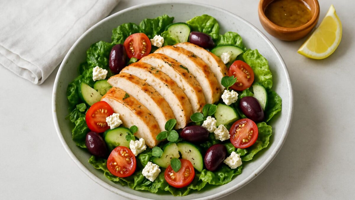 Kycklingsallad med fetaost ger fräsch vardagsglädje och mättande smak.
