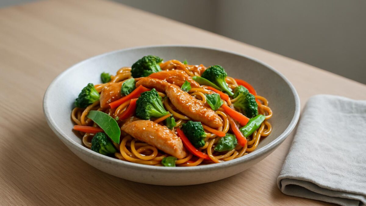 Kycklingwok med nudlar, en snabb vardagsmiddag som värmer hjärtat.