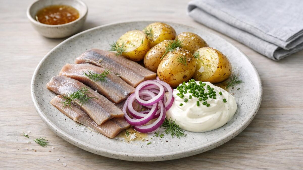 Matjessill med gräddfil, potatis och rödlök gör somrarna ljusare och enklare