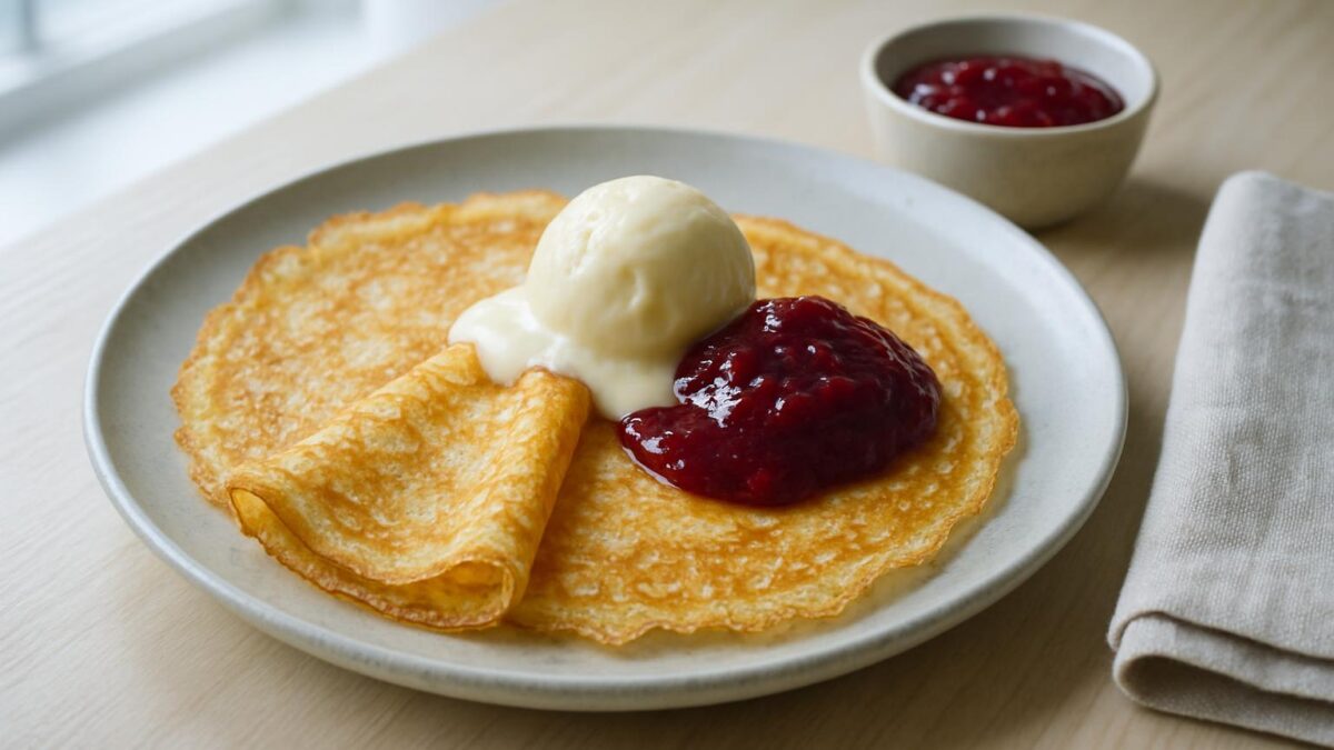 Pannkakor med glass och sylt: en varm helgfrukost för hela huset tillsammans.