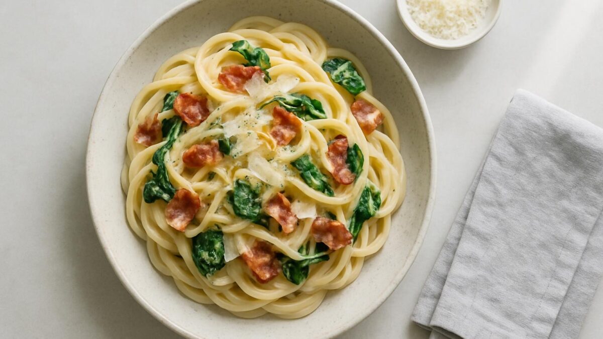 Pasta med bacon och spenat – den perfekta lunchen för lata sommardagar.