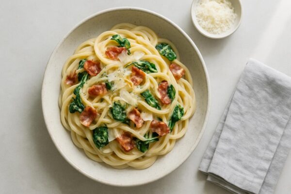 Pasta med bacon och spenat