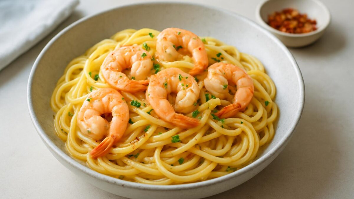 Pasta med räkor och vitlök för en fräsch lyx varje dag.