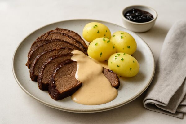 Porterstek med gräddsås och kokt potatis