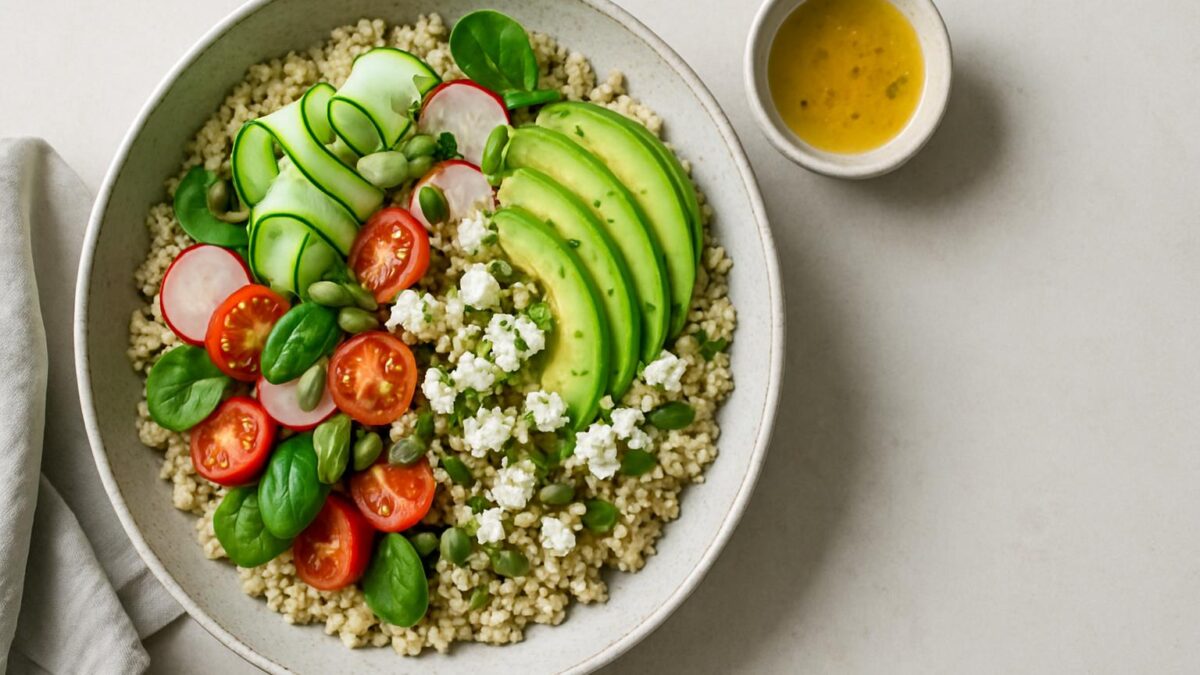 Quinoasallad med grönsaker En frisk och mättande sallad full av färg, smak och energi för dagen.