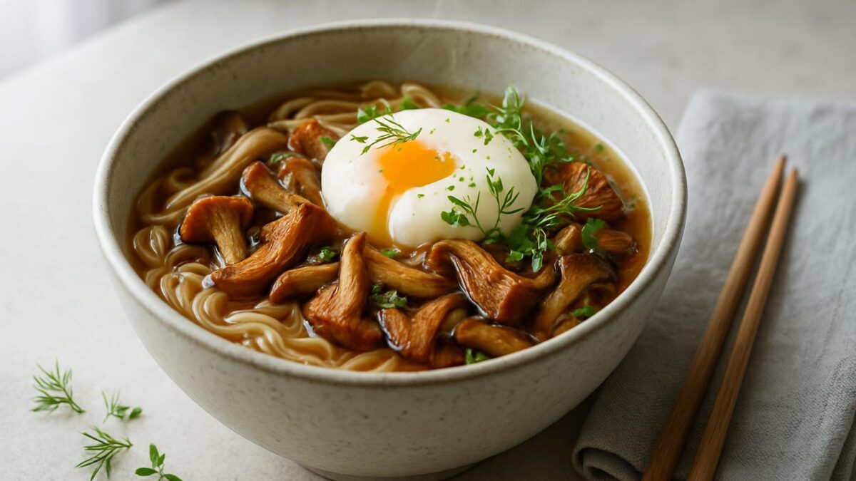 Ramen med svampbuljong, nordiska örter och pocherat ägg - värmande vardagslyx.