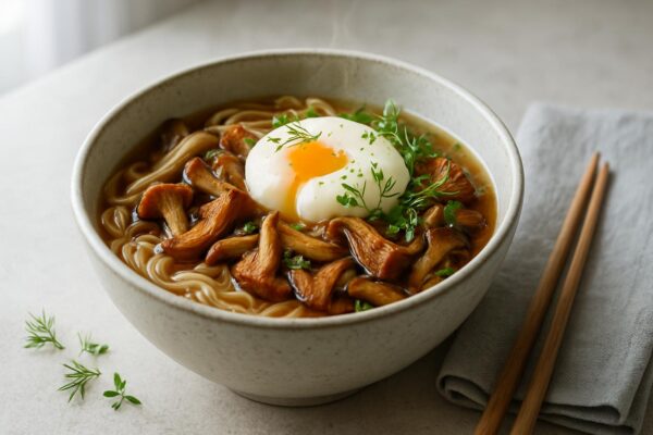 Ramen med svampbuljong, nordiska örter och pocherat ägg