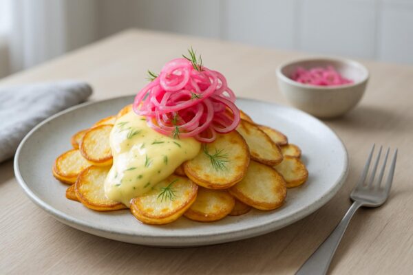 Råstekt potatis med krämig dillhollandaise och syrad lök