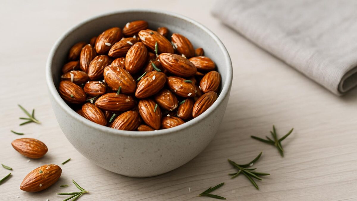 Rostade mandlar med flingsalt och rosmarin inspirerar till njutbara stunder.