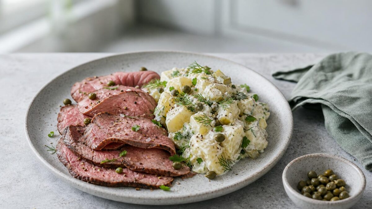 Rostbiff med potatissallad, en perfekt vardagslyx för hela bordet.