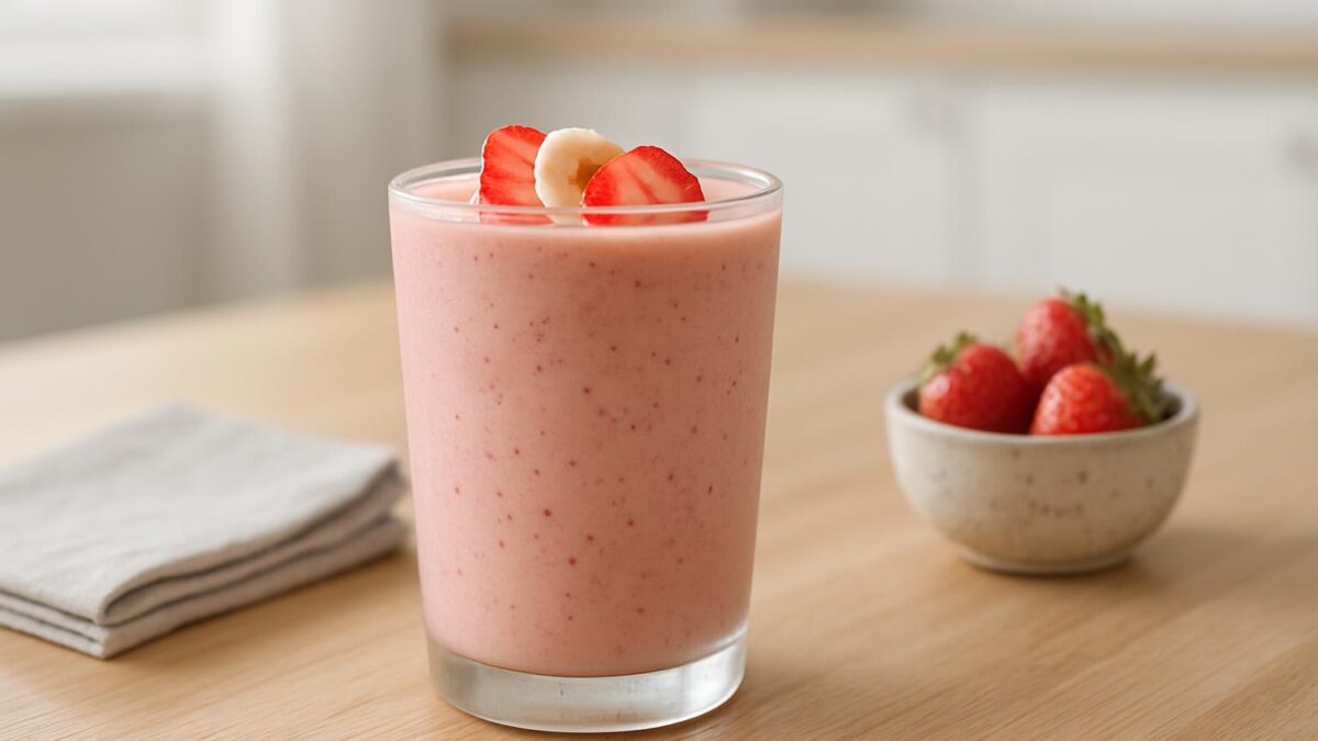 Smoothie med banan och jordgubb ger en fräsch start på dagen varje morgon.
