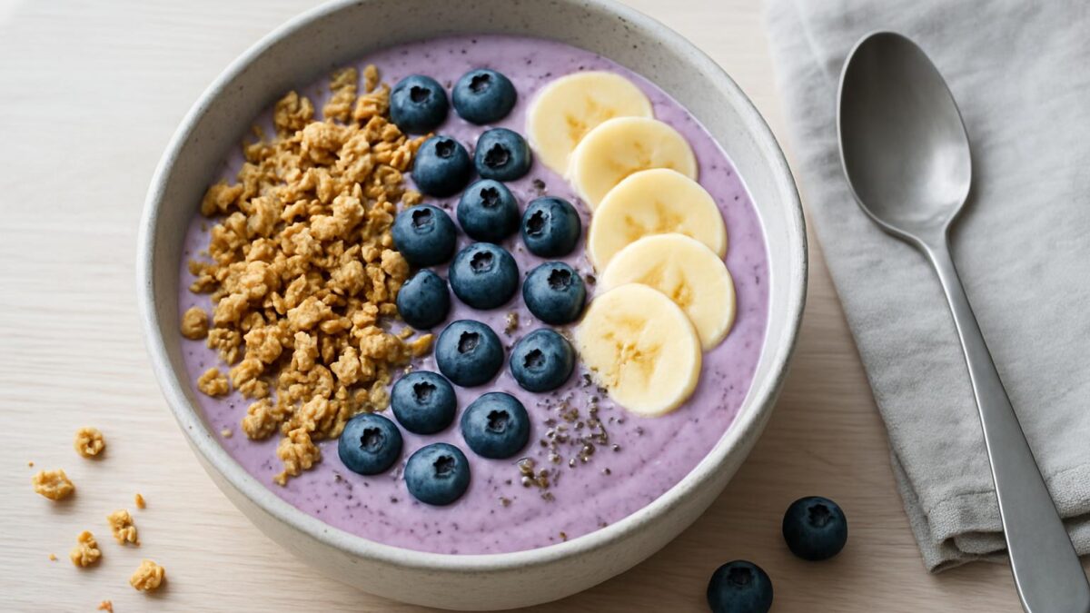 Smoothiebowl med blåbär, banan och granola – en färgglad start på dagen