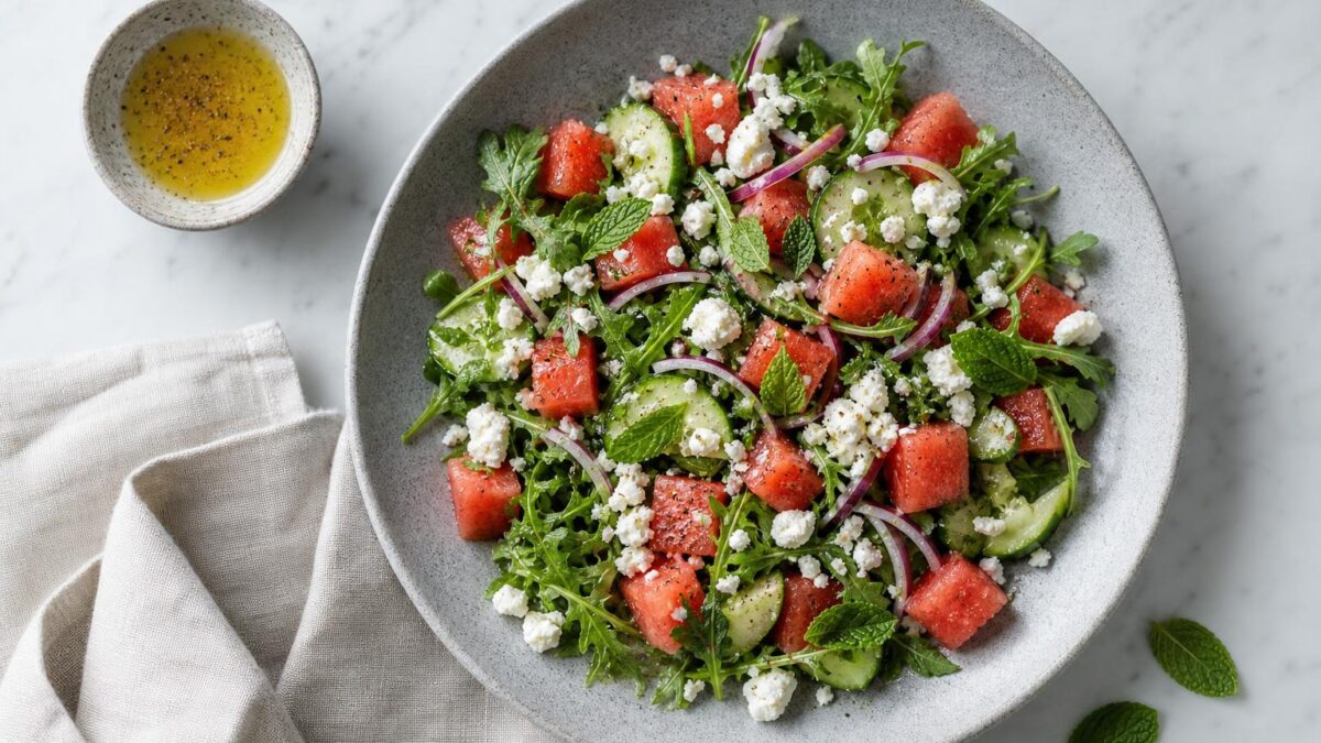 Sommarsallad med melon och fetaost den perfekta lunchen för lata sommardagar.
