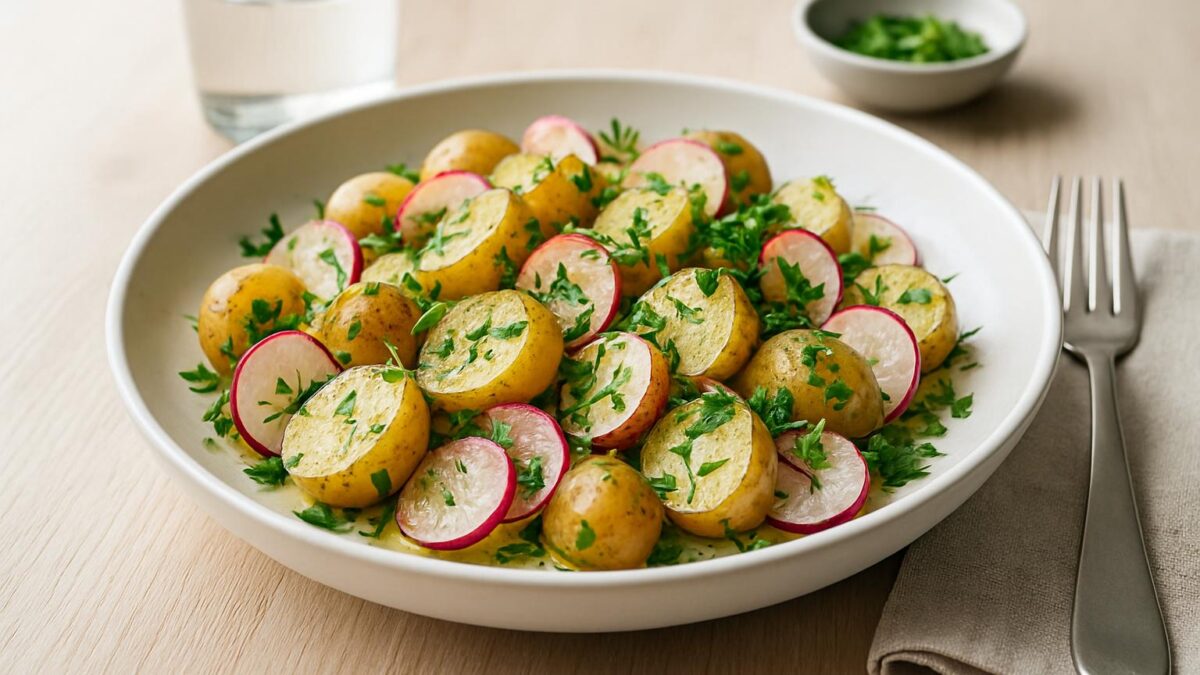 Somrig potatissallad med färskpotatis och örter ger en fräsch sommarupplevelse.