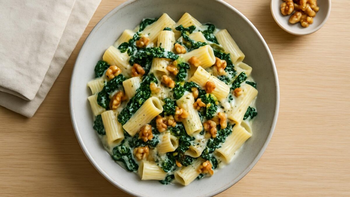 Svartkålspasta med gorgonzola och valnötter ger vardagslyx i varje tugga.