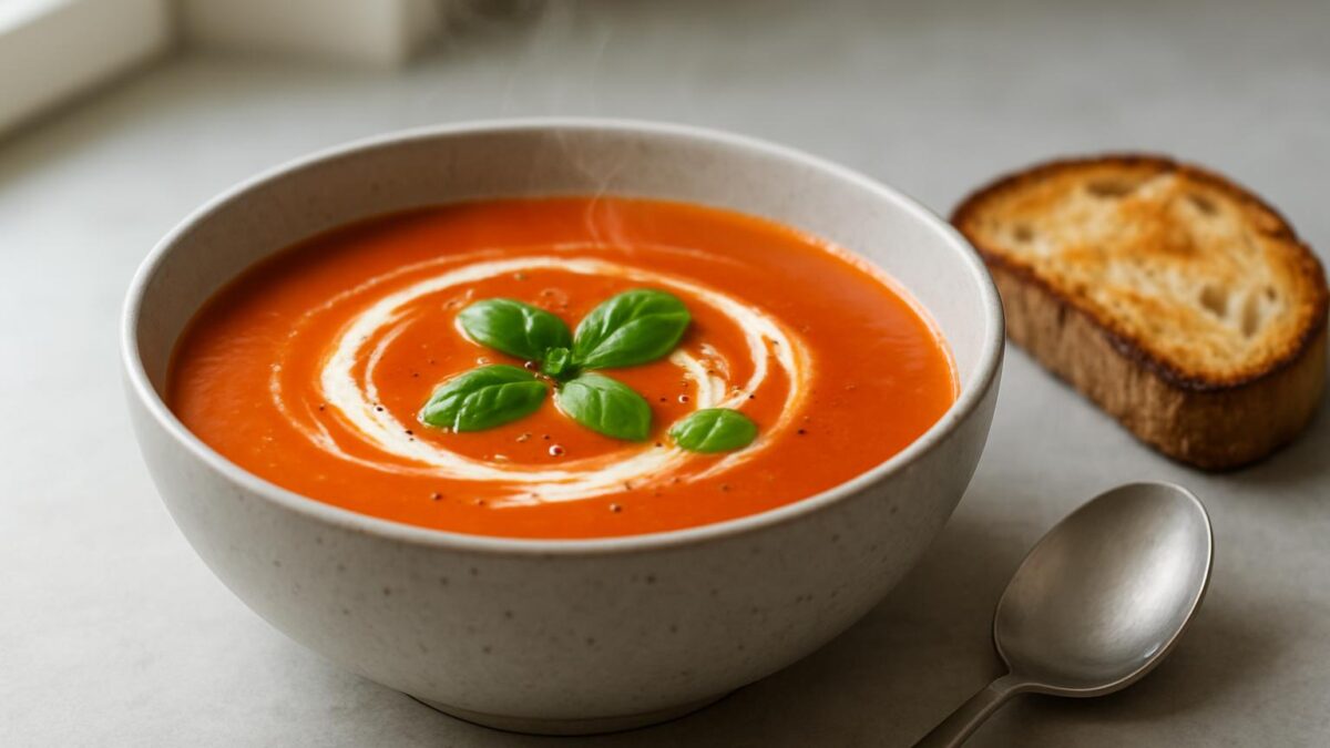 Tomatsoppa med basilika, den perfekta vardagslyckan för snabba, smakrika kvällar hemma i soffan.