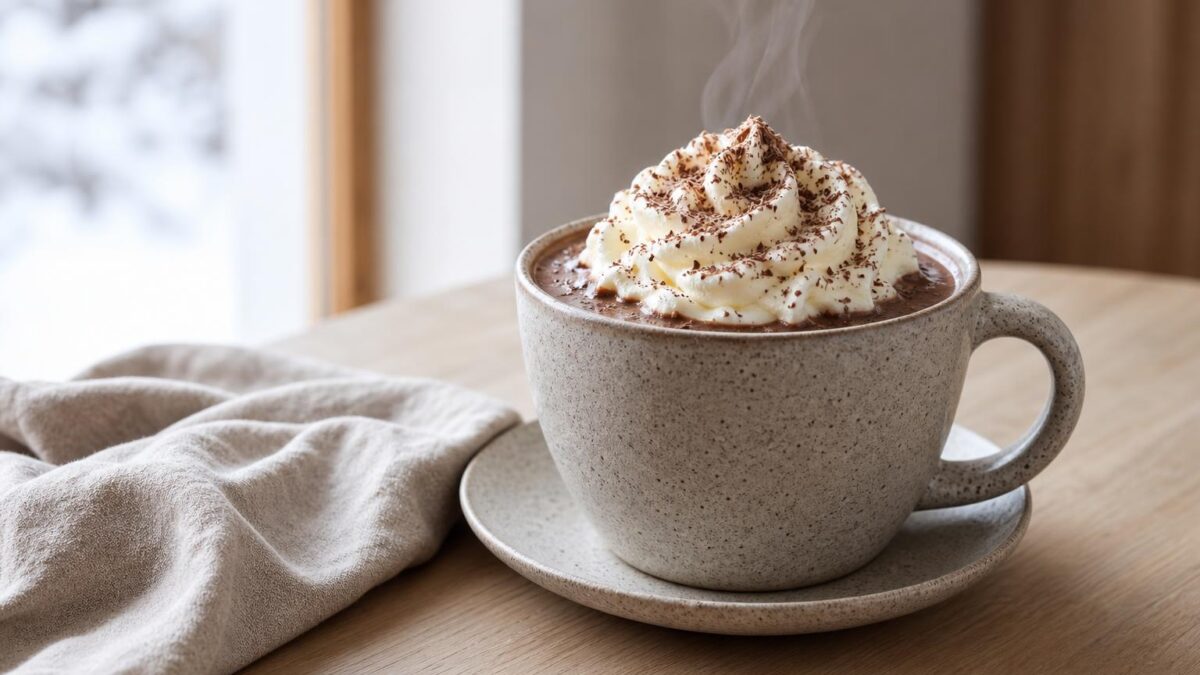 Varm choklad med grädde skapar en mysig stund för kalla kvällar och måltider.